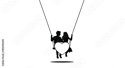 Romantic couple silhouetted on a swing, sharing a loving moment with a heart symbol