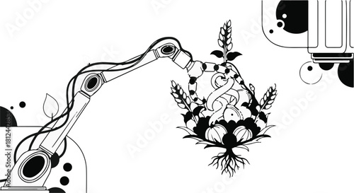 Robotic arm carefully holding a flourishing plant, symbolizing technology and nature's growth