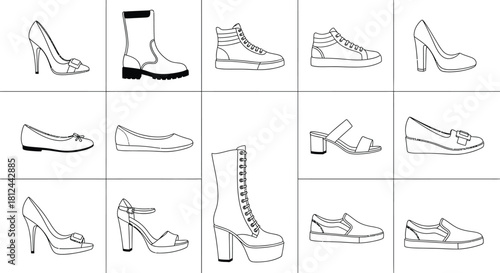 Collection of various womens footwear outlines including high heel shoe, flat shoe, sandal, and boot, isolated on white background