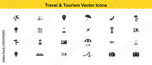 Collection of black and white travel and tourism vector icons