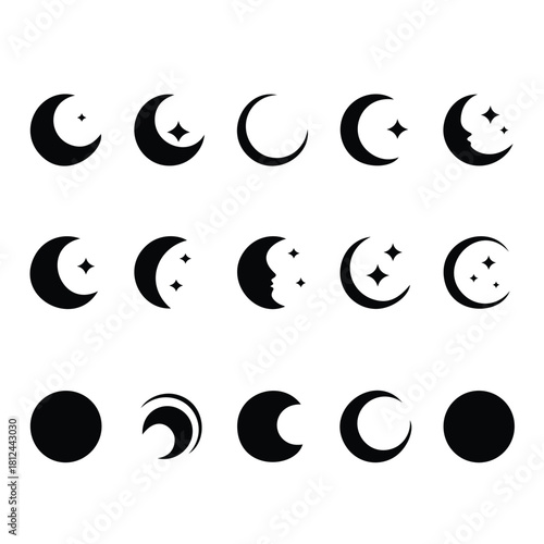 Moon phase with star set collection with lunar cycle from new to full crescent glyph silhouette astronomy astrology design isolated vector art