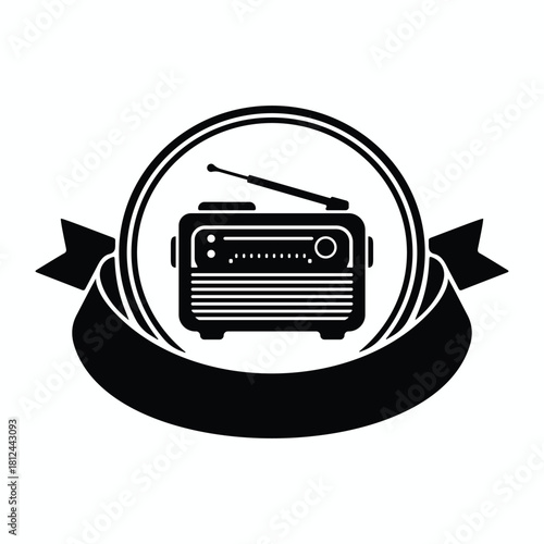 Radio illustration in black and white design banner with broadcasting antenna frequency receiver am fm vintage electronics technology vector