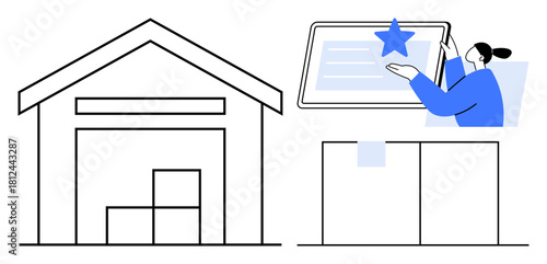 Warehouse with boxes, digital certificate, and worker assessing rating. Ideal for logistics, warehouse management, quality control, shipping, inventory, supply chain simple flat metaphor