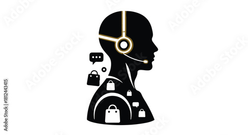 Silhouette of a person with headset, symbolizing customer service and online shopping.
