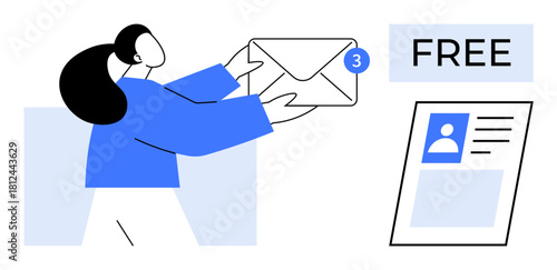 Email communication concept. A woman interacts with an envelope showing a new message notification. Email is essential for correspondence, digital networking, and messaging. For IT, communication