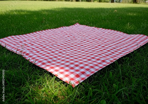 Classic red and white checkered picnic blanket on vibrant green grass invites relaxation and outdoor dining, perfect for summer promotions and lifestyle ads
