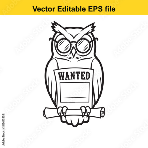 Black and white outline vector illustration of a wise owl wearing round eyeglasses holding a wanted poster and scroll, isolated on