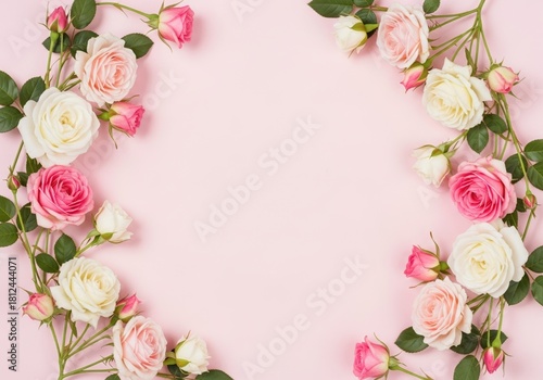 Light pink background with rose flowers forming a frame on the sides copy space