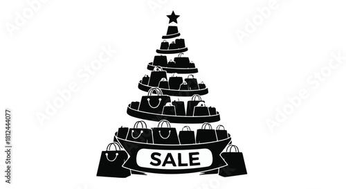 Festive Christmas tree made of shopping bags, announcing a holiday sale with a ribbon banner.