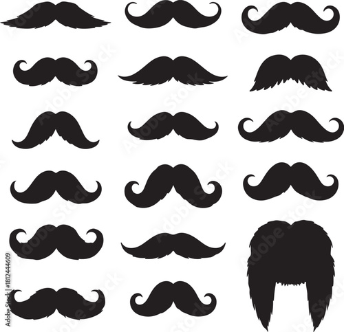Assortment of Black Mustache Silhouettes and a Wig on White moustache facial hair on transparent background