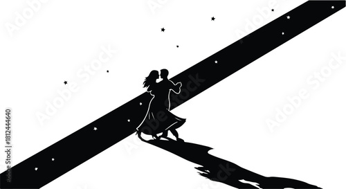 Silhouetted couple dancing joyfully under a starry night sky with dramatic shadows