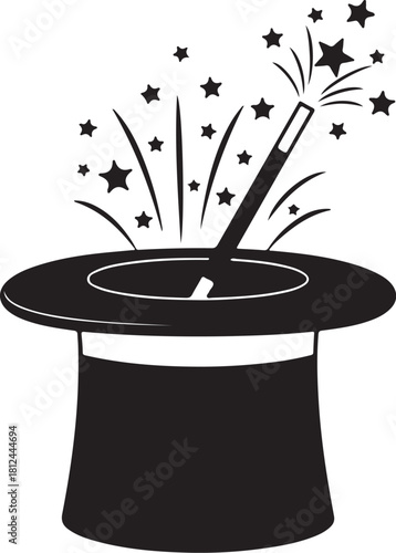 Black silhouette of a top hat with a magic wand and stars bursting out vector illustration on transparent background
