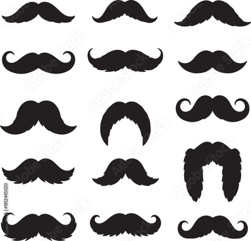 Collection of Black Silhouette Mustaches on White Background Keywords: mustache, silhouette, black, white background, collection, set, vintage, retro, style, grooming, men, on transparent background