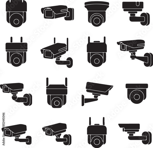 Collection of black silhouette security cameras on a white background Keywords: security camera, surveillance camera, CTV, camera, technology, surveillance, monitoring, on transparent background