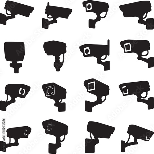 Collection of black silhouette security cameras on a white background Keywords: security camera, surveillance camera, CTV, camera, surveillance, security, monitoring, on transparent background