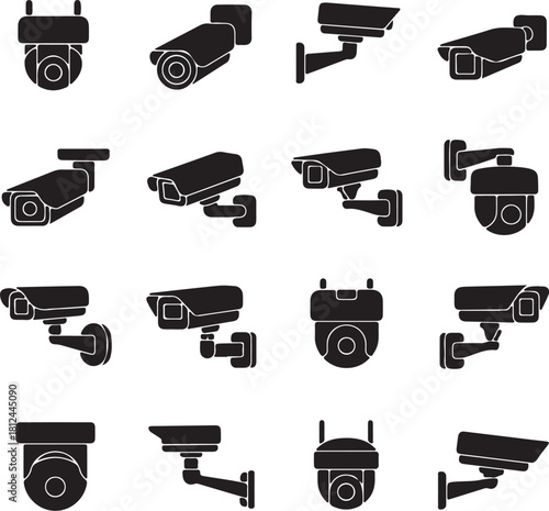 Collection Of Surveillance Camera Silhouettes On White Background Keywords: surveillance camera, security camera, CTV, camera, technology, security, monitoring, on transparent background