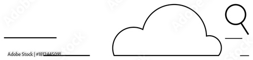 Magnifying glass examines cloud with lines symbolizing movement and search. Ideal for technology, data analysis, cloud computing, online security, innovation, digital search, connectivity. Simple