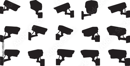 Collection of surveillance security camera silhouettes in various angles and positions Keywords: security, surveillance, camera, CTV, monitoring, protection, safety, on transparent background