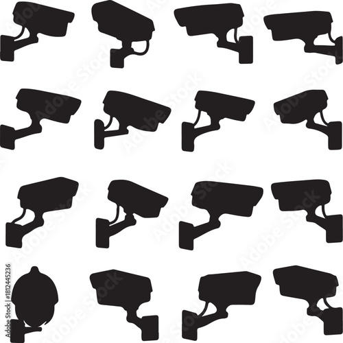 Grid of black silhouette security cameras on a white background Keywords: security camera, surveillance camera, CTV, camera, surveillance, security, monitoring, on transparent background