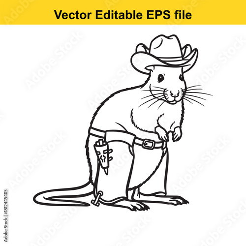 Outline drawing of a cute cartoon rat dressed as a cowboy wearing a hat and holding a gun in a holster, isolated on