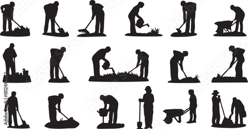 Silhouette collection of people gardening and performing yard work with tools Keywords: gardening, silhouette, person, man, woman, digging, watering, planting, raking, on transparent background