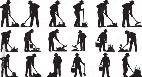 Silhouette collection of people gardening with hats and tools Keywords: gardening, silhouette, person, man, woman, hat, digging, watering, planting, raking, bucket, shovel, on transparent background