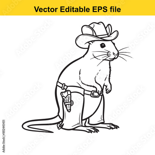 Outline drawing of a cartoon rat dressed as a cowboy wearing a hat and holding a gun in a holster, isolated on