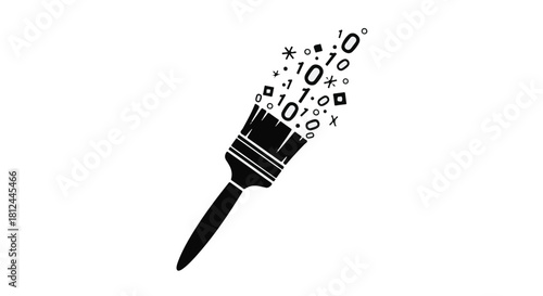 Digital art creation with a paintbrush spreading binary code and symbols.