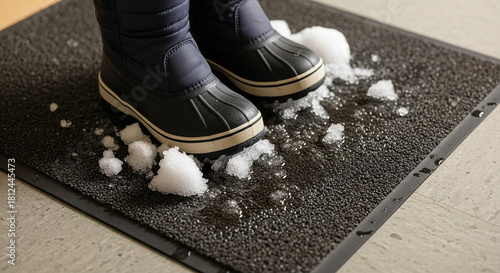 Melting snow on shoes in office lobby, winter footwear and wet floor safety