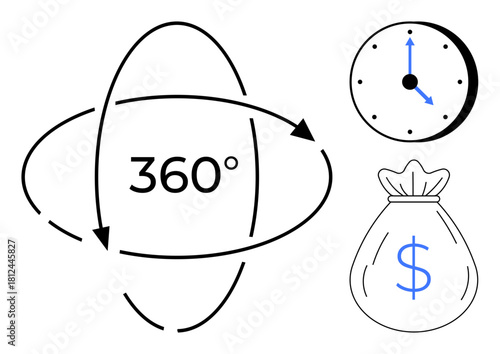 Circular arrows around 360, a clock, and a money bag highlight comprehensive ideas of time, finance, and efficiency. Ideal for strategy, planning, innovation, productivity profitability business