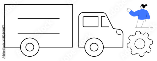 Truck outline, gear symbol, and person pointing. Ideal for logistics, transport, delivery service, optimization, business system management supply chain. Simple flat metaphor