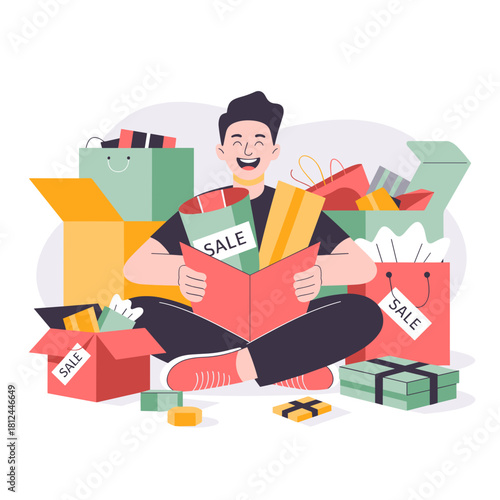 Person sitting with sale items – Suitable for online shopping concepts, unboxing videos, or retail marketing.
