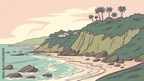 Laguna Beach cliffs ocean wave pastel