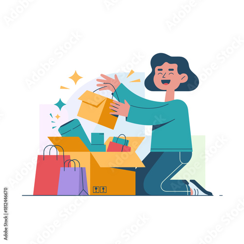 Happy person unboxing sale packages – Perfect for shopping blogs, consumer lifestyle, or delivery services.