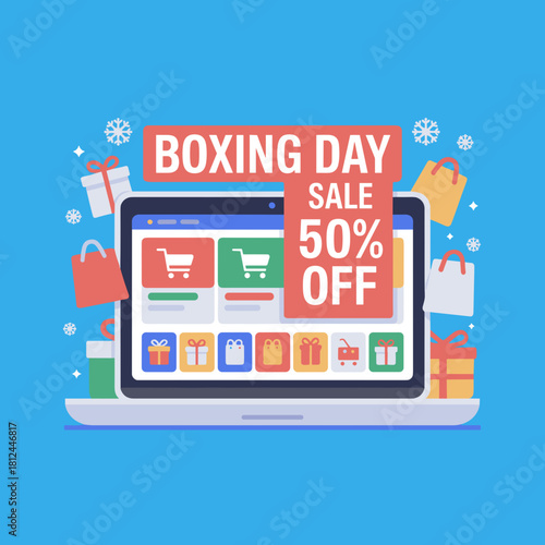 Flat vector laptop showing Boxing Day online shopping sale – Perfect for e-commerce, digital advertising, or holiday promotions.