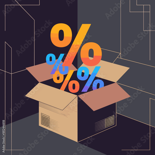 Abstract open box with glowing percent signs concept – Suitable for retail visuals, commercial advertising, or discount themes.