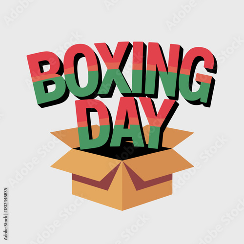 Typographic art of "Boxing Day" letters emerging from box – Perfect for holiday marketing, seasonal sales, or unpacking visuals.