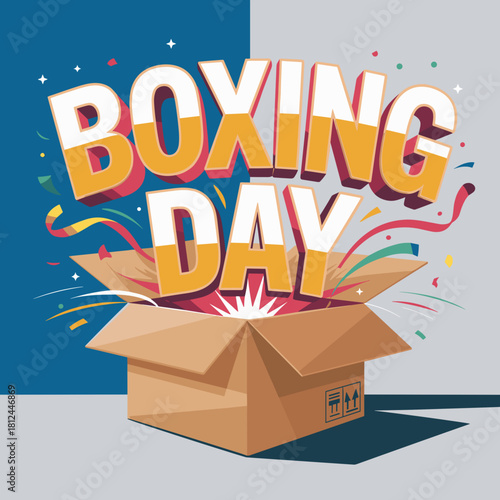 Vector typographic art of "Boxing Day" exploding from box – Suitable for promotional campaigns, announcement graphics, or digital ads.