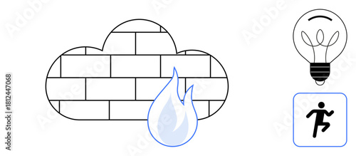 Brick cloud with flame, lightbulb, and running figure symbolizing cybersecurity, innovation, and escape. Ideal for technology, security, data protection, risk management creativity networking