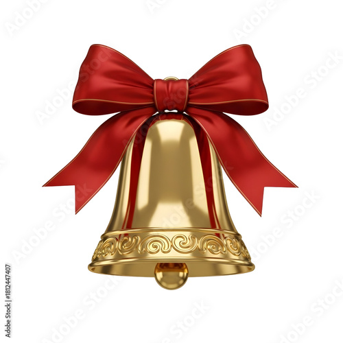 Shiny Gold Christmas Bell with Ornate Details and Red Silk Ribbon Bow Isolated on Transparent Background