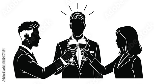 Three professionals celebrate success with a toast of wine, radiating positivity.