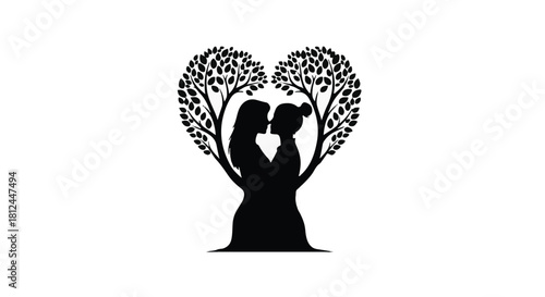 Loving embrace of a mother and daughter forms a heart-shaped tree, symbolizing strong family bonds and growth.