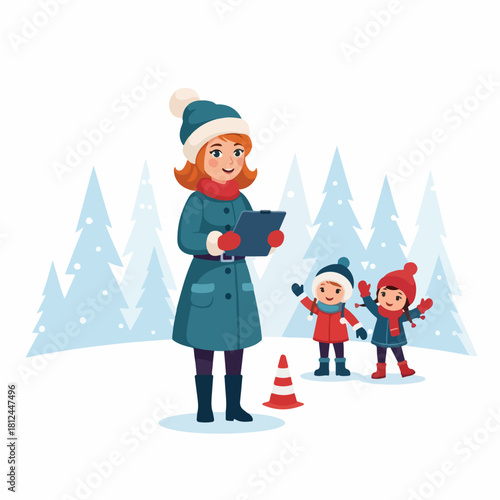Winter scene depicts woman in warm clothing overseeing children, they are enjoying outdoor activities in snowy landscape. Winter scene shows cones placed for an organized game or play. Winter scene,