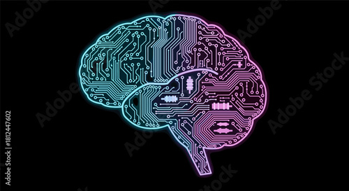 Futuristic neon circuit brain highlighting technology and innovation
