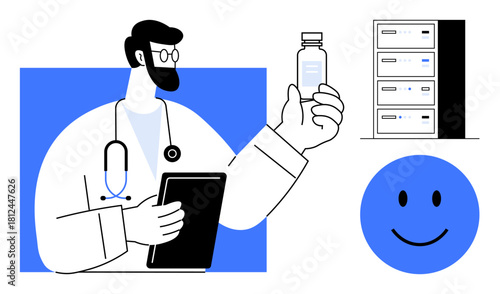 Healthcare concept. Healthcare professional holding vaccine bottle with a stethoscope and tablet, a data server, and a smiling face icon. Healthcare and medical data modern technology use