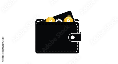 Modern black wallet holding cryptocurrency coins and a credit card, representing digital finance.