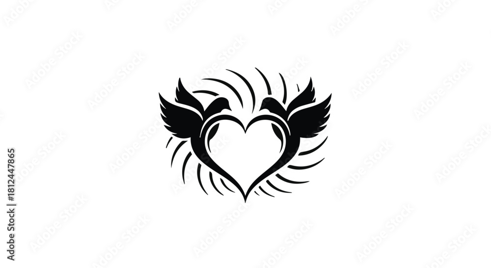 Fototapeta premium Elegant black birds form a heart shape with swirling wings against a white background, symbolizing love and unity.