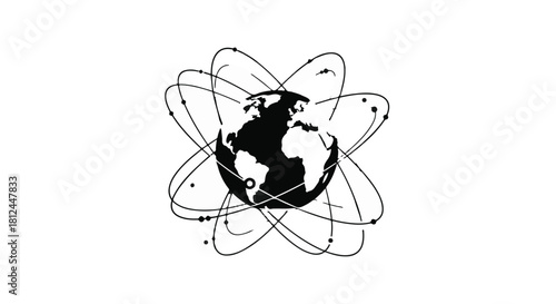 Abstract representation of global connectivity and technology orbits around Earth.