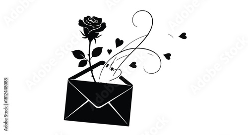 Black rose emerges from an open envelope with swirling hearts and flourishes, symbolizing love and romance.