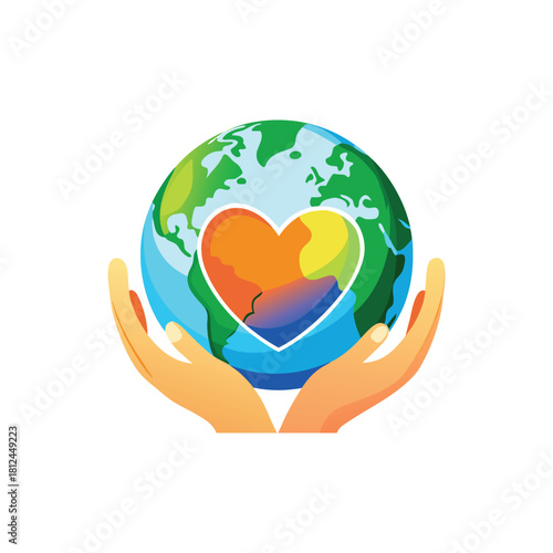 Hands holding planet Earth with a heart symbol inside globe